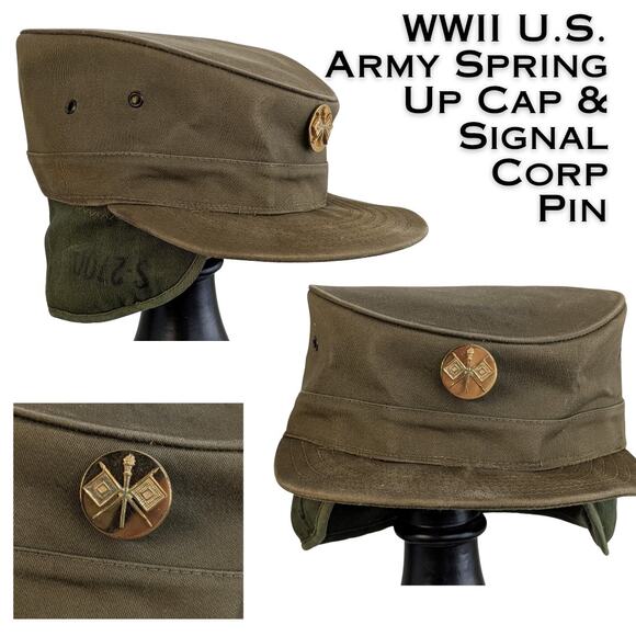 U.S. Army WWII Louisville Spring Up Cap w/ Earflaps + Signal Corp Pin Military - Picture 1 of 12